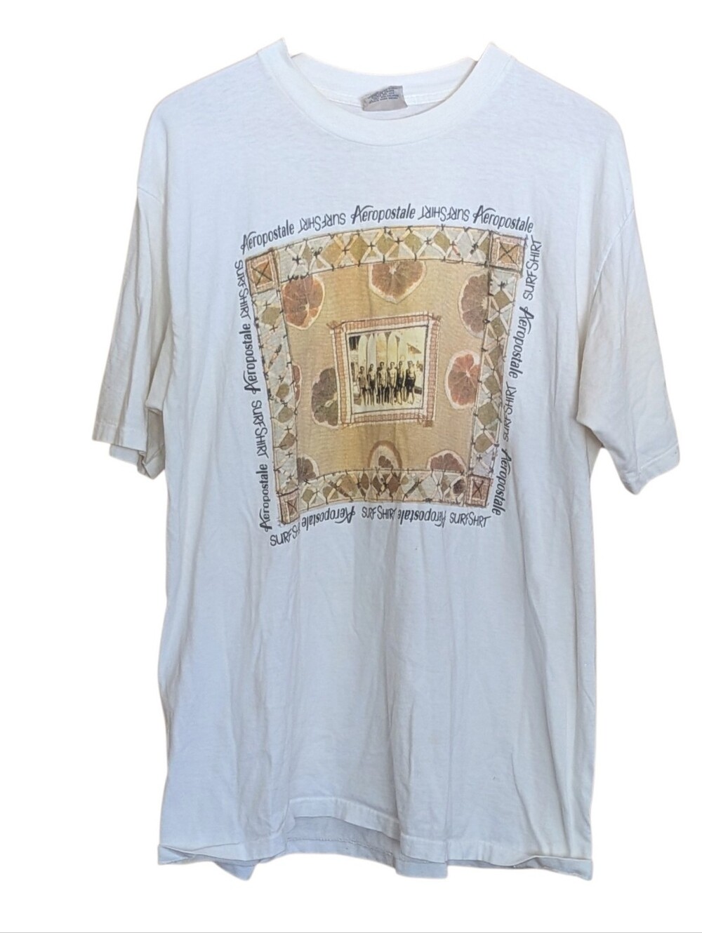 Aeropostale White Surf Shirt Tee with Tan Graphic Panel Mens L Casual Beach